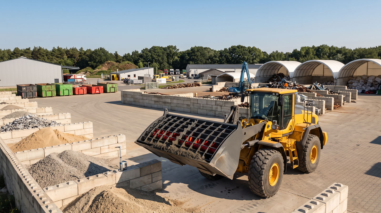 Radlader zwischen Schüttgutboxen mit Sand und Kies auf dem Betriebshof